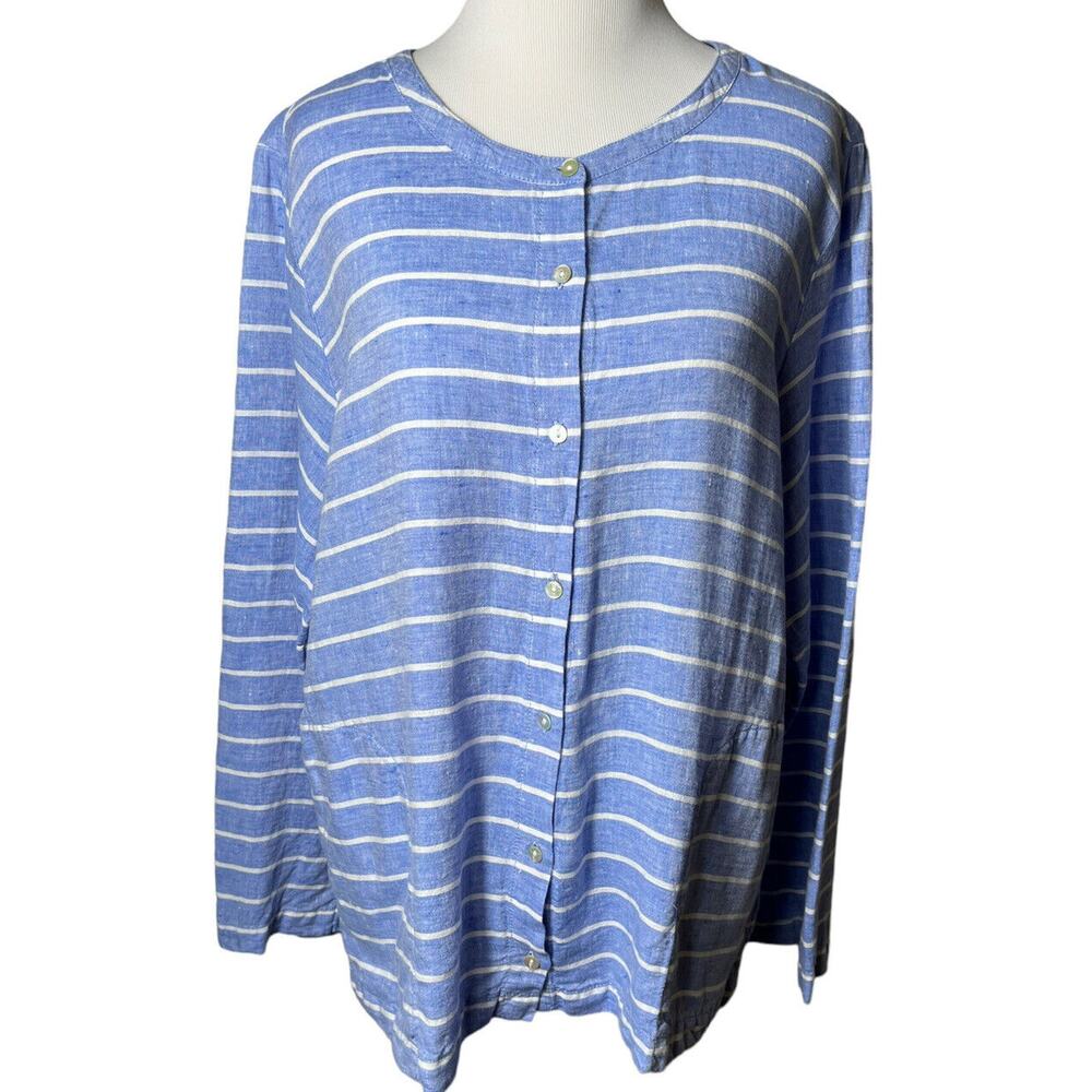 C&C California 100% Linen Blue & White Striped Top Blouse Long Sleeve Sz Large